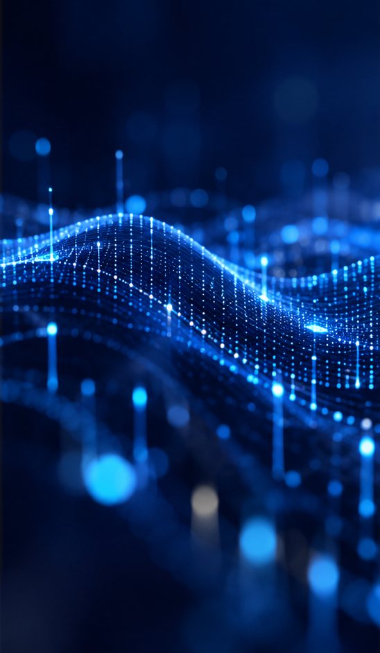 Malla digital de puntos de luz azul que representa una red de datos