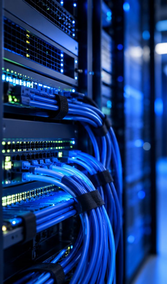 Rack de comunicaciones con cableado de red azul organizado y equipos activos encendidos