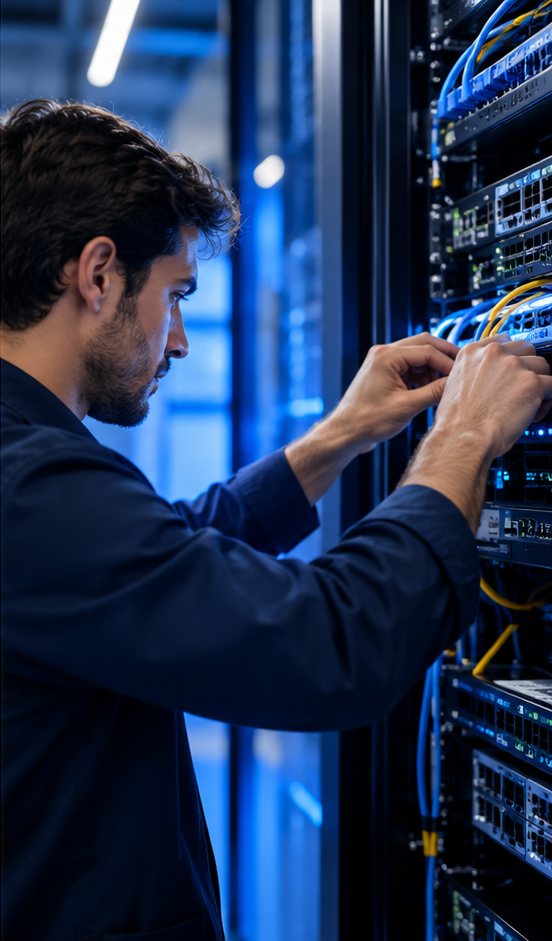 Ingeniero conectando cableado en un rack de equipos de red dentro de un centro de datos